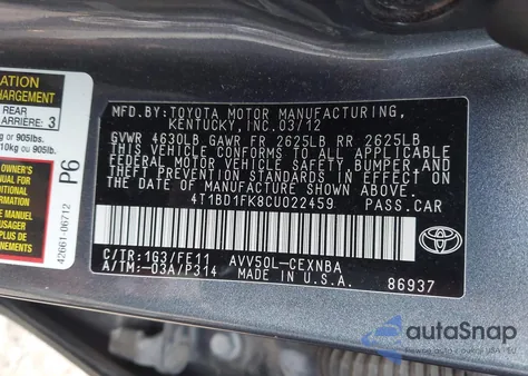 2012 Toyota Camry Hybrid Le from USA, damaged, VIN 4T1BD1FK8CU022459